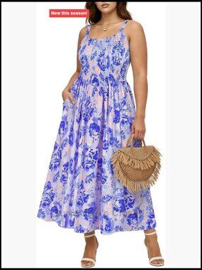 Plus Size Square Neck Spaghetti Strap Maxi Dress Sleeveless Smocked Floral Boho